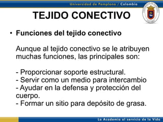 TEJIDO CONECTIVO
• Funciones del tejido conectivo

 Aunque al tejido conectivo se le atribuyen
 muchas funciones, las principales son:

 - Proporcionar soporte estructural.
 - Servir como un medio para intercambio
 - Ayudar en la defensa y protección del
 cuerpo.
 - Formar un sitio para depósito de grasa.
 