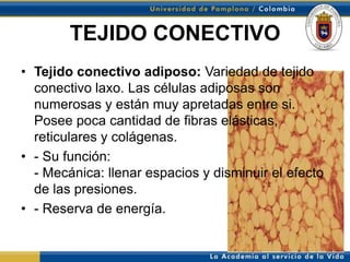 TEJIDO CONECTIVO
• Tejido conectivo adiposo: Variedad de tejido
  conectivo laxo. Las células adiposas son
  numerosas y están muy apretadas entre si.
  Posee poca cantidad de fibras elásticas,
  reticulares y colágenas.
• - Su función:
  - Mecánica: llenar espacios y disminuir el efecto
  de las presiones.
• - Reserva de energía.
 