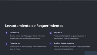 Levantamiento de Requerimientos
1 Entrevistas
Reunirse con los stakeholders para obtener información
detallada sobre sus necesidades y expectativas.
2 Encuestas
Recolectar información de un grupo más amplio de
stakeholders a través de cuestionarios.
3 Observación
Observar cómo se realiza el trabajo actual para identificar
áreas de mejora.
4 Análisis de Documentos
Revisión de documentos existentes para comprender los
procesos, políticas y objetivos.
 