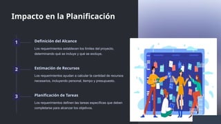 Impacto en la Planificación
1 Definición del Alcance
Los requerimientos establecen los límites del proyecto,
determinando qué se incluye y qué se excluye.
2 Estimación de Recursos
Los requerimientos ayudan a calcular la cantidad de recursos
necesarios, incluyendo personal, tiempo y presupuesto.
3 Planificación de Tareas
Los requerimientos definen las tareas específicas que deben
completarse para alcanzar los objetivos.
 