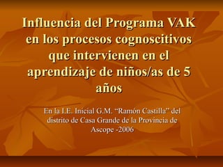 Influencia del Programa VAK
en los procesos cognoscitivos
que intervienen en el
aprendizaje de niños/as de 5
años
En la I.E. Inicial G.M. “Ramón Castilla” del
distrito de Casa Grande de la Provincia de
Ascope -2006

 