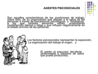 AGENTES PSICOSOCIALES
Son aquellas características de las condiciones de trabajo,
sobre todo, de su organización que afectan a la salud de las
personas a través de mecanismos psicológicos y fisiológicos
a los que también llamamos estrés, ocasionando
insatisfacción laboral o fatiga y que influyen negativamente en
el estado anímico de las personas.
Los factores psicosociales representan la exposición,
La organización del trabajo el origen, y
El estrés el precursor del efecto
(enfermedad o trastorno de salud
que puede producirse).
 