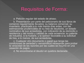 a. Petición regular del estado de atraso.
b. Presentación por parte del peticionario de sus libros de
comercio regularmente llevados; su balance comercial; su
inventario, practicado a lo más treinta días antes, con las
estimaciones prudenciales de su lista de deudores, un estado
nominativo de sus acreedores, con indicación de su domicilio o
residencia y del monto y calidad de cada acreencia: su patente
de industria, si la hubiere, y la opinión favorable a su solicitud
de tres, a lo menos, de sus acreedores.
c. Cualquier otro documento o papel que tenga las
condiciones de seriedad y verosimilitud necesarias para probar
la veracidad de las razones por las cuales se incurrió en una
cesación de pagos.
d. No encontrarse el deudor en quiebra declarada.
 