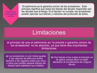 Patrimonio
como prenda
común
• “El patrimonio es la garantía común de los acreedores”. Este
principio significa que todos los bienes del deudor responden por
las deudas que él tenga. Si el deudor no cumple, los acreedores
podrán ejecutar sus bienes y cobrarse del producido de éstos.
Limitaciones
el principio de que el patrimonio es “la prenda o garantía común de
los acreedores” no es absoluto, ya que tiene dos importantes
limitaciones
a) Los acreedores no son todos iguales
y hay algunos de ellos que tienen
derecho a ser pagados antes que otros,
u otros que pueden separar bienes del
deudor para satisfacer sus créditos.
b) Hay bienes a los cuales el principio no
se aplica, porque ellos no están
afectados al cumplimiento de ninguna
deuda.
 