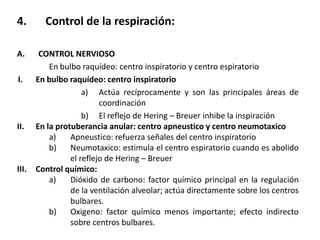 4.       Control de la respiración:

A.      CONTROL NERVIOSO
           En bulbo raquídeo: centro inspiratorio y centro espiratorio
I.     En bulbo raquídeo: centro inspiratorio
                     a) Actúa recíprocamente y son las principales áreas de
                          coordinación
                     b) El reflejo de Hering – Breuer inhibe la inspiración
II.    En la protuberancia anular: centro apneustico y centro neumotaxico
           a)    Apneustico: refuerza señales del centro inspiratorio
           b)    Neumotaxico: estimula el centro espiratorio cuando es abolido
                 el reflejo de Hering – Breuer
III.   Control químico:
           a)    Dióxido de carbono: factor químico principal en la regulación
                 de la ventilación alveolar; actúa directamente sobre los centros
                 bulbares.
           b)    Oxigeno: factor químico menos importante; efecto indirecto
                 sobre centros bulbares.
 