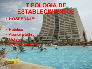 TIPOLOGIA DE ESTABLECIMIENTOS HOSPEDAJE:  Hoteles: Apartahoteles: Moteles : Hostal o presión: 