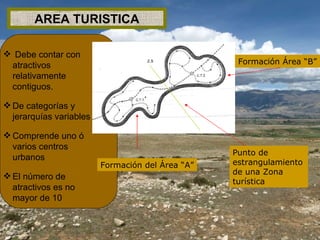 AREA TURISTICA Debe contar con atractivos relativamente contiguos. De categorías y jerarquías variables Comprende uno ó varios centros urbanos El número de atractivos es no mayor de 10 Punto de estrangulamiento de una Zona turística Formación del Área “A” Formación Área “B” 