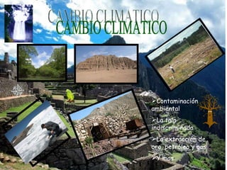 CAMBIO CLIMATICO Contaminación ambiental  La tala indiscriminada La extracción de oro, petróleo y gas Y mas 