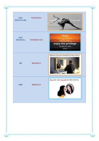 YOU
(SINGULAR)
YOURSELF
YOU
(PLURAL) YOURSELVES
HE HIMSELF
SHE HERSELF
 