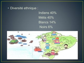 • Diversité ethnique :
Indiens 40%
Métis 40%
Blancs 14%
Noirs 6%
 
