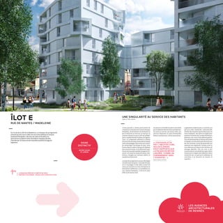 LES AUDACES
ARCHITECTURALES
DE RENNESRENNES 2030
LA VILLE À VOTRE IDÉE
Sur le site de la ZAC de la Madeleine, ce triptyque de 49 logements
articulé par des cours créée une accroche poétique le long du
boulevard Pompidou. Des jeux de vides et de pleins en
quinconces sculptent cette volumétrie classique de plot,
chavirée par la recherche de nouvelles qualités d'usage du
logement. SIGNE
DISTINCTIF
ENTRE COURS
ET JARDIN
« Cette parcelle a comme particularité de
s'implanter en bordure de l'avenue Georges
Pompidou, anciennement rue de Nantes et
de se retourner au nord sur un mail qui va
traverser de part en part la ZAC de la Made-
leine »,expliqueRomainPradeau,del'agence
Titan. « Le programme affirmait la volonté
d'inscrirelesaccèsdesimmeubleslelongde
cettevoiepaysagée.Nousavonsprisleparti
de réinterroger l'archétype du plot, cette
formeurbainesimpleettypiquedel'époque
de la reconstruction, en la déformant pour
trouverdenouvellesqualitésd'usageetd'in-
sertion.Untravailenstratesdeliaison,d'ex-
térieurs, d'angles qui viennent altérer ce
standard architectural.
Leprojetde49logementssociauxdéveloppe
unealternancedepleins:troisplotsdesept,
six et cinq étages. Et des vides, à savoir les
cours,quis'ouvrentsurtroisorientationset
destinations différentes : la rue Bufferon au
sud, l'avenue Pompidou à l'est et le cœur
d'îlot via le mail au nord.
ÎLOT E
RUE DE NANTES / MADELEINE
UNE SINGULARITÉ AU SERVICE DES HABITANTS
Agence Titan, Nantes
ċċ LIVRAISON PRÉVUE À PARTIR DE 2022
ċċ MAÎTRE D'OUVRAGE : AIGUILLON CONSTRUCTION	
Lesparcoursàl'échelledupiétonsontétirés
parunétalementdesfonctionsquotidiennes :
les accès au courrier, aux locaux vélos, aux
services implantés en pied d'immeubles
(locaux commerciaux, crèche associative)...
« L'EXOSQUELETTE
FAIT L'ARCHITECTURE,
AUCUN ÉLÉMENT
N'EST RAPPORTÉ SUR
LA FAÇADE EN BÉTON
LASURÉE. COMME UN
CHEMINEMENT VERS
L'ESSENTIEL. »
Romain Pradeau, architecte.
Lagéométriesimpleduplot,uncarréde15 m
par 15 m, a été « malmenée » , distordue afin
d'initierdessituationsparticulièrespourles
futurs habitants : des salons en angles pour
préserverl'intimité,desvariétésd'extérieurs
généreux, des creux et des débords généra-
teursd'ombresportéesetd'éclatsdelumière
en façade. Les trois plots sont liés entre eux
par des terrasses, sortes de passerelles qui
amènent une singularité. Certains y ont vu
une référence aux balcons des Horizons de
Georges Maillols. Elle est tout à fait
inconscienteetc'estplutôtbonsigne.Notre
inconscientaintégrécetteréférence.Notre
recherche sert un parti-pris esthétique et
contribue à la fonction en évitant le
superflu. »
 
