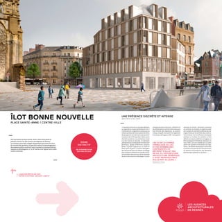 LES AUDACES
ARCHITECTURALES
DE RENNESRENNES 2030
LA VILLE À VOTRE IDÉE
« Commentconstruireunnouveaubâtiment
au regard de la charge symbolique du lieu ?
L'immeuble de 12 logements sociaux qui va
s'éleverau-dessusdefuturestationdemétro,
devaitapporteruneréponseàcettequestion
complexe,décritPhilippeBarré.Nousavons
cherché à produire une architecture toute
à la fois intense et discrète. Ce bâtiment
palimpsesteauxantipodesdel'architecture
générique, agrège différentes époques
bâties. Le projet s'appuie sur un socle en
béton paré de granit : la partie «émergée»
delabouchedemétroquiadopteunlangage
plusminéralenréférenceaumondesouter-
raindumétromaisaussiauxrez-de-chaussée
depierredesmaisonsàcolombages.Cesocle
UNE PRÉSENCE DISCRÈTE ET INTENSE
Agence Barré-Lambot, Nantes
ċċ LIVRAISON PRÉVUE EN 2020.
ċċ MAÎTRE D'OUVRAGE : ARCHIPEL HABITAT
«AU VU DE LA CHARGE
SYMBOLIQUE DU LIEU
ET DES NOMBREUSES
CONTRAINTES, CE
BÂTIMENT N'ALLAIT PAS
DE SOI. À L'OPPOSÉ D'UNE
ARCHITECTURE GÉNÉRIQUE,
IL N'EST REPRODUCTIBLE
NULLE PART AILLEURS. »
Philippe Barré, architecte.
conjugue plusieurs fonctions : billetterie et
lieud'information,sortiedumétromaisaussi
hall d'entrée des logements. Au premier
niveau, la façade bois abrite les logements
et les locaux de l’agence STAR. L'occupation
Plus que jamais la place Sainte - Anne, vibre entre passé et
présent comme l'un des centres névralgiques de Rennes.
Le nouveau centre des congrès récemment livré entre les murs
du couvent des Jacobins, la ligne B du métro, le réaménagement
des espaces publics voisinent avec la présence intemporelle des
maisons à colombage du 17e
et 18e
siècle et de l'église Saint-Aubin
restée inachevée.
SIGNE
DISTINCTIF
RÉ-INTERPRÉTATION
DES PANS DE BOIS
ÎLOT BONNE NOUVELLE
PLACE SAINTE-ANNE / CENTRE-VILLE
optimale du terrain, l'attention constante
au contexte, la situation en angle du projet
ont sculpté une volumétrie délicate qui rat-
trape en douceur les échelles des construc-
tions voisines. Tout en affirmant une façade
publique sur la place, les vantelles en bois
offrentauxespacesextérieursenloggias,un
filtre protégeant l'inimité des habitants. En
cœur d'îlot, une cour habitée par un jardin
ajoute des qualités d'orientation aux loge-
ments. Desdétailsdomestiquescommedes
lucarnes ou les pans de bois résonnent avec
les éléments d'architecture des bâtiments
patrimoniaux présents sur la place. »
 