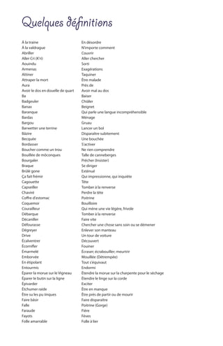 Quelques déﬁnitions
À la traine
À la valdrague
Abriller
Aller Cri (K'ri)
Aouindu
Armenas
Attiner
Attraper la mort
Aura
Avoir le dos en douelle de quart
Ba
Badgeuler
Banax
Baranque
Bardas
Bargou
Barwetter une terrine
Bâzire
Becquée
Bordasser
Boucher comme un trou
Bouillée de môconques
Bourgaler
Braque
Brûlé gone
Ça fait frémir
Cagouette
Capseiller
Chaviré
Coffre d'estomac
Coquemor
Courailleur
Débarque
Décaniller
Défourasse
Dégreyer
Drive
Écalventrer
Écornifler
Émarmelé
Emborvée
En étipolant
Entourmis
Éparer la morue sur le Vigneau
Éparer le butin sur la ligne
Épivarder
Étchumer raide
Être su les pu iinques
Faire bâsir
Falle
Faraude
Fayots
Folle amarrable
En désordre
N’importe comment
Couvrir
Aller chercher
Sorti
Exagérations
Taquiner
Être malade
Près de
Avoir mal au dos
Baiser
Chiâler
Beignet
Qui parle une langue incompréhensible
Ménage
Gruau
Lancer un bol
Disparaître subitement
Une bouchée
S’activer
Ne rien comprendre
Talle de canneberges
Prêcher (Insister)
Se diriger
Exténué
Qui impressionne, qui inquiète
Tête
Tomber à la renverse
Perdre la tête
Poitrine
Bouilloire
Qui mène une vie légère, frivole
Tomber à la renverse
Faire vite
Chercher une chose sans soin ou se démener
Enlever son manteau
Un tour de voiture
Découvert
Fouiner
Écraser; écrabouiller; meurtrir
Mouillée (Détrempée)
Tout s'équivaut
Endormi
Étendre la morue sur la charpente pour le séchage
Étendre le linge sur la corde
Exciter
Être en manque
Être près de partir ou de mourir
Faire disparaître
Poitrine (Gorge)
Fière
Fèves
Folle à lier
 