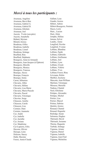 Merci à tous les participants :
Arseneau, Angéline
Arseneau, Ben à Ben
Arseneau, Gabriel A.
Arseneau, Gabriel D.
Arseneau, Ghislain
Arseneau, Joel
Aucoin, Yvette (son père)
Aucoin, Annabelle
Bédard, Myriam
Bénard, Jessica
Boudreau, Gilles
Boudreau, Isabelle
Boudreau, Lionel
Boudreau, Solange
Bouffard, Rita
Bouffard, Stéphanie
Bourgeois, Anne (à Armand)
Bourgeois, Jean-Jacques (à Éphrem)
Bourgeois, Mireille
Bourgeois, Monica
Bourgeois, Vanessa
Bourque, Alexis
Bourque, François
Bourque, Sonia
Caron, Sébastien
Chevarie, Albin
Chevarie, Hélène
Chevarie, Lisa-Marie
Chevarie, Marie-Pascale
Chevarie, Pascal
Chevarie, Véronique
Chevrier, Serge
Chiasson, Amélie
Chiasson, Carole
Chiasson, Lisa
Cormier, Dani
Cormier, Jeannette
Cyr, André
Cyr, Isabelle
Cyr, Jacinthe
Cyr, Josiane
Cyr, Madeleine
Cyr-Lapierre, Félix
Decoste, Olivier
Deraspe, Léon
Dickson, Stacey
Dubé, Maxime
Forest, Annie-Claude
Gallant, Lysa
Gaudet, Jessica
Hébert, Adrien
Hébert-Bourgeois, Noémie
Hayes, Lorie
Huet, , Lucien
Huet, Alain
Jomphe, Hélène
Juneau, Sylvie
Landry, Annie
Langford, Nicolas
Langford, Yvonne
Leblanc, Blandine
Leblanc, Égide
Leblanc, Gabrielle
Leblanc, Guillaume
Leblanc, Joel
Leblanc, Lyne
Leblanc, Ursule
Leblanc, Valérie
Leblanc, Yves
Leblanc-Forest, Rina
Lévesque, Robin
Mailhot, Jocelyne
Marcotte, Jean-William
Martinet, Véronique
Miousse, Murielle
Nadeau, Chantal
Noel, Ghislaine
Petitpas, Alexandre
Petitpas, Michel
Poirier, Lise
Poirier, Marcel
Poitras, Sabrina
Quintin, Jessica
Renaud, Chantal
Renaud, Huguette
Rutledge, Susan
Solomon, Hughes
Thériault, David
Thériault, Josianne
Thorne, Huguette
Turbide, Solange
Vigneau, Ariane
Vigneau, Daniel
Vigneau, Isabelle
Vigneau, Jean-Fred
Vigneau, Micheline
 