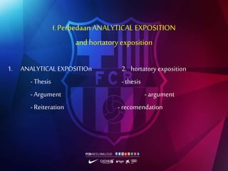 f. Perbedaan ANALYTICAL EXPOSITION
and hortatory exposition
1. ANALYTICAL EXPOSITIOn 2. hortatory exposition
- Thesis - thesis
- Argument - argument
- Reiteration - recomendation
 