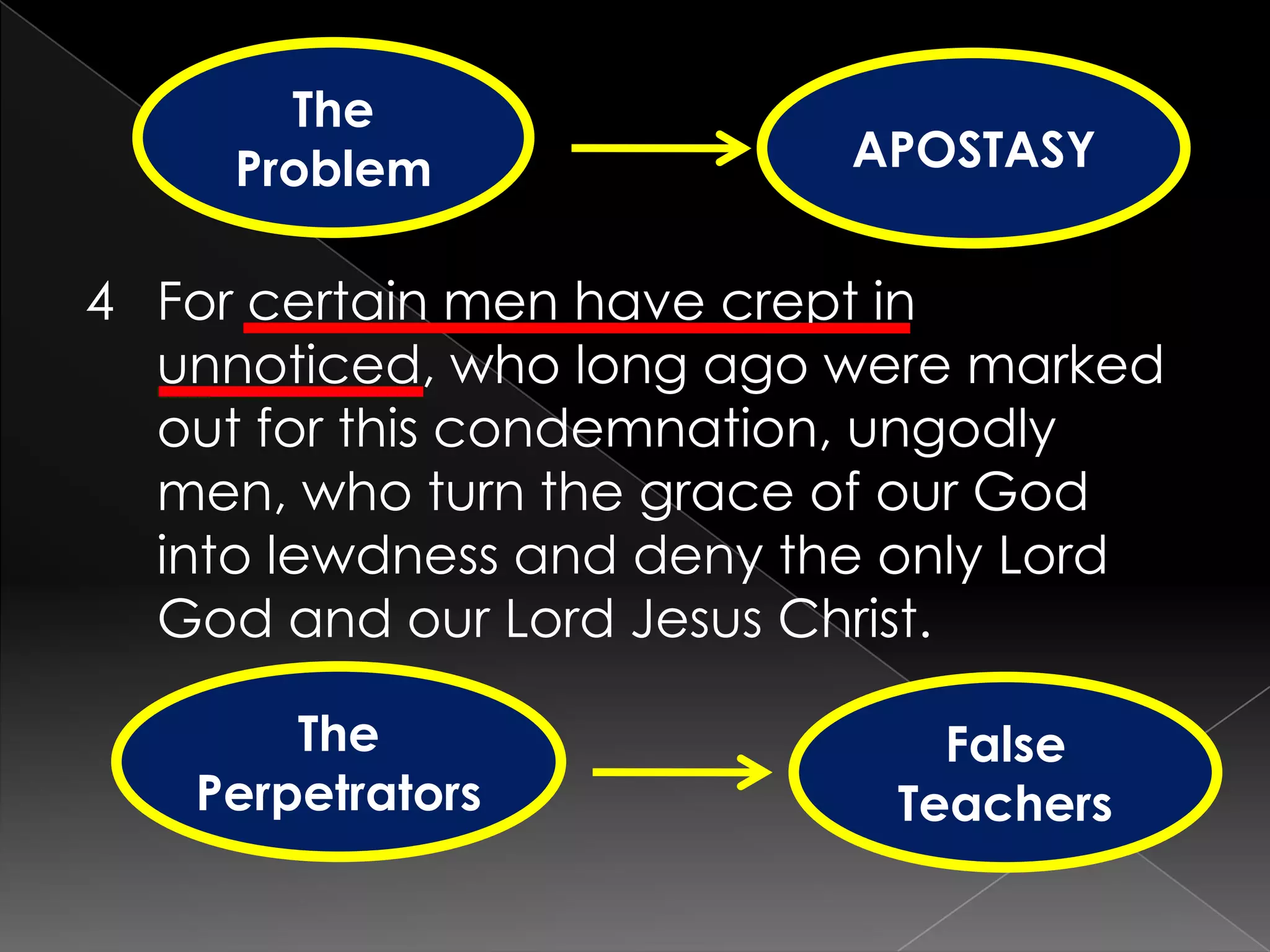 Another way to Arrange: Defense of DoctrineDanger: The ApostatesDeceptive entrance into the assemblyDeparture from truthDenial of ChristDescription of their characterDeeds of ImmoralityDivision of the assemblyDestruction by judgmentDoxology