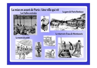 Lamiseen avantde Paris:Lamiseen avantde Paris: Une villequi vitUne villequi vit
LesHallescentrales Lagarede ParisBestiaux
Leréservoird’eaude Montsouris
Lemontde piété
 