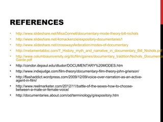 REFERENCES
• http://www.slideshare.net/MissConnell/documentary-mode-theory-bill-nichols
• http://www.slideshare.net/4cmackenzie/expository-documentaries1
• http://www.slideshare.net/crosswaysfederation/modes-of-documentary
• http://metamentaldoc.com/7_History_myth_and_narrative_in_documentary_Bill_Nichols.pdf
• http://www.columbiauniversity.org/itc/film/gaines/documentary_tradition/Nichols_Documentar
Garde.pdf
• http://condor.depaul.edu/dtudor/DOCUMENTARY%20MODES.htm
• http://www.indiejudge.com/film-theory/documentary-film-theory-john-grierson/
• http://flashaddict.wordpress.com/2009/12/09/voice-over-narration-as-an-active-
agent-in-film/
• http://www.reelmarketer.com/2012/11/battle-of-the-sexes-how-to-choose-
between-a-male-or-female-voice/
• http://documentaries.about.com/od/terminology/g/expository.htm
 