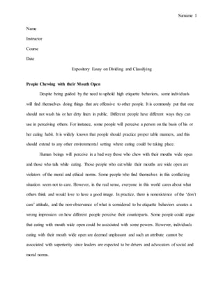 Surname 1
Name
Instructor
Course
Date
Expository Essay on Dividing and Classifying
People Chewing with their Mouth Open
De...