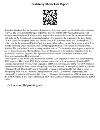 Protein Synthesis Lab Report
Scientists found out that the formation of proteins (polypeptide chains) are dictated by the expression
of DNA. The DNA dictates the types of proteins that will be formed by making the sequence of
nitrogen containing bases. Each three base sequence has an equivalent code for the amino acid that
will make up the formation of protein (polypeptide). For example; the sequence of the three bases
CCA is a code for using the amino acid Proline (Pro), CTT is for the amino acid Leucine (Leu), TCT
is the code for the amino acid Serine (Ser), and so on. After coding, each of these amino acids will be
used to form long chains of amino acids called polypeptide chain. These chains will make up the
proteins. The synthesis of protein is a very complex process. The two major steps in protein synthesis
are (I) Transcription and (II) Translation. These are the process in the synthesis of protein from the
information expressed by genes. The figure below illustrates the synthesis of proteins in a cell. ...
Show more content on Helpwriting.net ...
Transcription. In this process, the information from the DNA sequence is copied to a complementary
RNA sequence. The type of RNA that is involved in this process is the messenger RNA (mRNA).
During a transcription process, when a sequence of DNA is expressed, one of the two DNA strands is
copied into the mRNA based on the base pairing rules. For example, in base pairing in DNA, Adenine
(A) is paired with Thymine (T), and Cytosine (C) is paired with Guanine (G. But when it comes to
base pairing rules in RNA, Adenine (A) is paired with Uracil (U) instead of Thymine (T), and
Cytosine(C) is paired with Guanine (G). Figure __ illustrates the transcription of DNA sequence into
the mRNA codons. It also shows the transfer RNA (tRNA) anticodon that is complementary to mRNA
codon
... Get more on HelpWriting.net ...
 