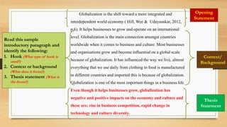 Globalization is the shift toward a more integrated and
interdependent world economy ( Hill, Wee & Udayasnkar, 2012,
p.6). It helps businesses to grow and operate on an international
level. Globalization is the main connection amongst countries
worldwide when it comes to business and culture. Most businesses
and organisations grow and become influential on a global scale
because of globalization. It has influenced the way we live, almost
everything that we use daily from clothing to food is manufactured
in different countries and imported this is because of globalization.
Globalization is one of the most important things in a business life.
Even though it helps businesses grow, globalization has
negative and positive impacts on the economy and culture and
these are; rise in business competition, rapid change in
technology and culture diversity.
Read this sample
introductory paragraph and
identify the following:
1. Hook (What type of hook is
used?)
2. Context or background
(What does it focus?)
3. Thesis statement (What is
the focus?)
Opening
Statement
Context/
Background
Thesis
Statement
 