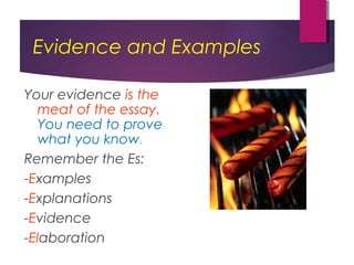 Evidence and Examples
Your evidence is the
meat of the essay.
You need to prove
what you know.
Remember the Es:
-Examples
-Explanations
-Evidence
-Elaboration
 