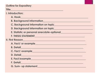 Outline for Expository
Title__________________________________________
I. Introduction:
A. Hook______________________________________________________
B. Background information______________________________________
C. Background information on topic_______________________________
D. Background information on topic_______________________________
E. Statistic or personal anecdote-optional_________________________
F. THESIS STATEMENT________________________________________
II. First Reason__________________________________________________
A. Fact/ or example_________________________________________
B. Detail__________________________________________________
C. Fact/ example___________________________________________
D. Detail_________________________________________________
E. Fact/example____________________________________________
F. Detail__________________________________________________
G. Sum- up statement_______________________________________
 