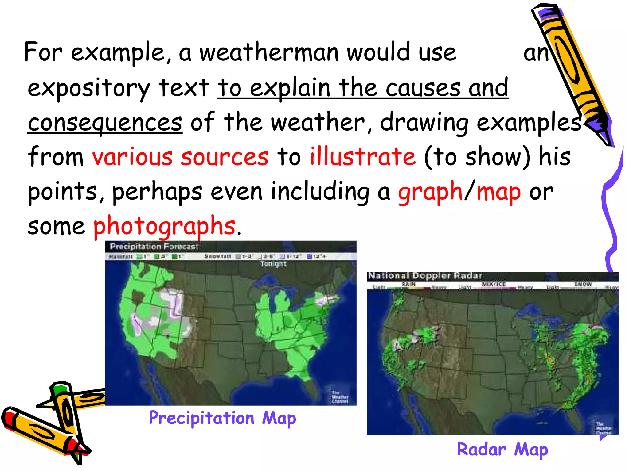 For example, a weatherman would use an
expository text to explain the causes and
consequences of the weather, drawing examples
from various sources to illustrate (to show) his
points, perhaps even including a graph/map or
some photographs.
Radar Map
Precipitation Map
 