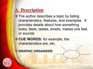 A. Description
The author describes a topic by listing
 characteristics, features, and examples. It
 provides details about how something
 looks, feels, tastes, smells, makes one feel,
 or sounds
CUE WORDS: for example, the
 characteristics are, etc.

 GRAPHIC ORGANIZER:
 
