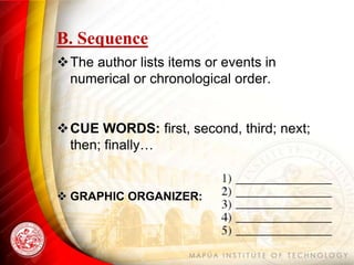 B. Sequence
The author lists items or events in
 numerical or chronological order.


CUE WORDS: first, second, third; next;
 then; finally…


 GRAPHIC ORGANIZER:
 