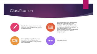 Classification
Classification essay is one of the most
common ways to organize an essay in
academic writing.
In a classification essay, we organize
things into categories and give
examples of things that fit into each
category. For example, if you choose
to write about types of computers (PCs
and servers), each of your
developmental paragraphs will define
the characteristics of a different
computer type.
In the sample essay about types of
computers, the computers are
classified according to their functions
and capabilities
(Let’s take a look)
 