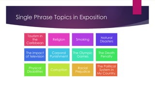 Single Phrase Topics in Exposition
Tourism in
the
Caribbean
Religion Smoking
Natural
Disasters
The impact
of television
Corporal
Punishment
The Olympic
Games
The Death
Penalty
Physical
Disabilities
Corruption
Racial
Prejudice
The Political
System in
My Country.
 
