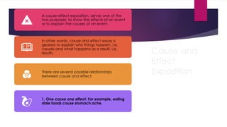 Cause and
Effect
Exposition
A cause-effect exposition, serves one of the
two purposes: to show the effects of an event
or to explain the causes of an event.
In other words, cause and effect essay is
geared to explain why things happen, i.e,
causes and what happens as a result, i.e,
results.
There are several possible relationships
between cause and effect:
1. One cause one effect: For example, eating
stale foods cause stomach ache.
 
