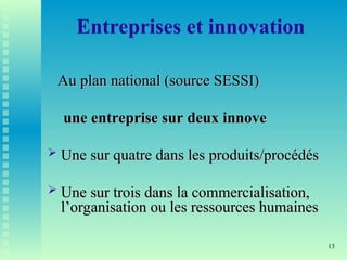 13
Entreprises et innovation
Au plan national (source SESSI)
Au plan national (source SESSI)
une entreprise sur deux innove
une entreprise sur deux innove
 Une sur quatre dans les produits/procédés
Une sur quatre dans les produits/procédés
 Une sur trois dans la commercialisation,
Une sur trois dans la commercialisation,
l’organisation ou les ressources humaines
l’organisation ou les ressources humaines
 