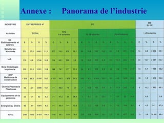42
Annexe : Panorama de l’industrie
10 % des établissements ont plus de 20 salariés
10 % des établissements ont plus de 20 salariés
Soit 200 entreprises avec 14 600 salariés
Soit 200 entreprises avec 14 600 salariés
Celles de plus de 50 salariés appartiennent pour la moitié à des groupes
Celles de plus de 50 salariés appartiennent pour la moitié à des groupes
Seulement 5 entreprises ont plus de 250 salariés, et en totalisent 2000
Seulement 5 entreprises ont plus de 250 salariés, et en totalisent 2000
 