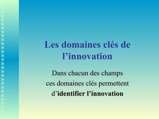 6
Les domaines clés de
l’innovation
Dans chacun des champs
Dans chacun des champs
ces domaines clés permettent
ces domaines clés permettent
d’
d’identifier l’innovation
identifier l’innovation
 