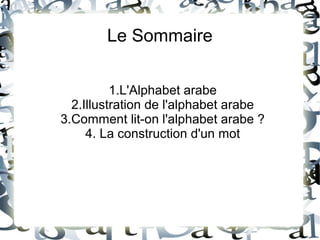 Le Sommaire
1.L'Alphabet arabe
2.Illustration de l'alphabet arabe
3.Comment lit-on l'alphabet arabe ?
4. La construction d'un mot

 