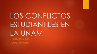 LOS CONFLICTOS
ESTUDIANTILES EN
LA UNAM
-HUELGA 1986-1987
-HUELGA 1999-2000
 