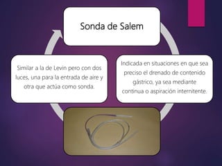 Sonda de Salem
Indicada en situaciones en que sea
preciso el drenado de contenido
gástrico, ya sea mediante
continua o aspiración internitente.
Similar a la de Levin pero con dos
luces, una para la entrada de aire y
otra que actúa como sonda.
 