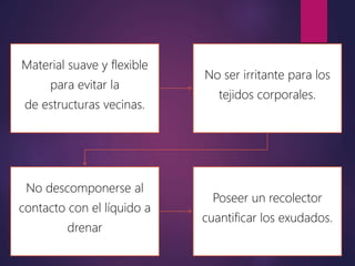 CaracterísticasMaterial suave y flexible
para evitar la
de estructuras vecinas.
No ser irritante para los
tejidos corporales.
No descomponerse al
contacto con el líquido a
drenar
Poseer un recolector
cuantificar los exudados.
 