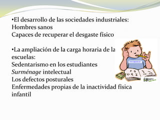 El desarrollo de las sociedades industriales: Hombres sanosCapaces de recuperar el desgaste físico La ampliación de la carga horaria de las escuelas:Sedentarismo en los estudiantesSurménage intelectual Los defectos posturales Enfermedades propias de la inactividad física infantil 