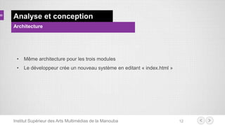 Institut Supérieur des Arts Multimédias de la Manouba 12
Analyse et conception
Architecture
• Même architecture pour les trois modules
• Le développeur crée un nouveau système en editant « index.html »
 