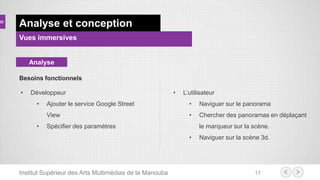 Institut Supérieur des Arts Multimédias de la Manouba 17
Analyse et conception
Vues immersives
Besoins fonctionnels
Analyse
• Développeur
• Ajouter le service Google Street
View
• Spécifier des paramètres
• L’utilisateur
• Naviguer sur le panorama
• Chercher des panoramas en déplaçant
le marqueur sur la scène.
• Naviguer sur la scène 3d.
 