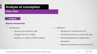 Institut Supérieur des Arts Multimédias de la Manouba 20
Analyse et conception
Slippy Maps
Besoins fonctionnels
Analyse
• Développeur
• Ajouter une couche du map
Google, Osm et / ou Bing
• Spécifier un certain nombre d’options
• L’utilisateur
• Naviguer sur la scène 3d et 2d ,
• Commuter entre les couches des map.
• Activer/Désactiver les calques des
marqueurs.
• Glisser le marqueur sur la map 2d et 3d
 
