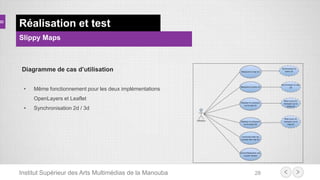 Institut Supérieur des Arts Multimédias de la Manouba 28
Réalisation et test
Slippy Maps
Diagramme de cas d’utilisation
• Même fonctionnement pour les deux implémentations
OpenLayers et Leaflet
• Synchronisation 2d / 3d
 