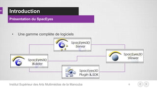 Introduction
Présentation du SpacEyes
4
• Une gamme complète de logiciels
Institut Supérieur des Arts Multimédias de la Manouba
 