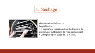 •la méthode utilisée est la
lyophilisation.
• Il s'agit d'une opération de déshydratation du
produit, par sublimation de l'eau qu'il contient
• Cette phase peut durer de 1 à 3 jours.
5. Séchage
 