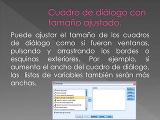 Puede ajustar el tamaño de los cuadros 
de diálogo como si fueran ventanas, 
pulsando y arrastrando los bordes o 
esquinas exteriores. Por ejemplo, si 
aumenta el ancho del cuadro de diálogo, 
las listas de variables también serán más 
anchas. 
 