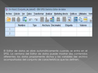 El Editor de datos se abre automáticamente cuando se entra en el 
SPSS. La ventana del Editor de datos puede mostrar dos contenidos 
diferentes: los datos propiamente dichos y las variables del archivo 
acompañadas del conjunto de características que las definen. 
 