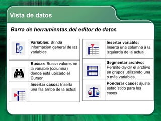 Vista de datos

Barra de herramientas del editor de datos

       Variables: Brinda              Insertar variable:
       información general de las     Inserta una columna a la
       variables.                     izquierda de la actual.

       Buscar: Busca valores en       Segmentar archivo:
       la variable (columna)          Permite dividir el archivo
       donde está ubicado el          en grupos utilizando una
       Cursor.                        o más variables.
       Insertar casos: Inserta        Ponderar casos: ajuste
       una fila arriba de la actual   estadístico para los
                                      casos
 